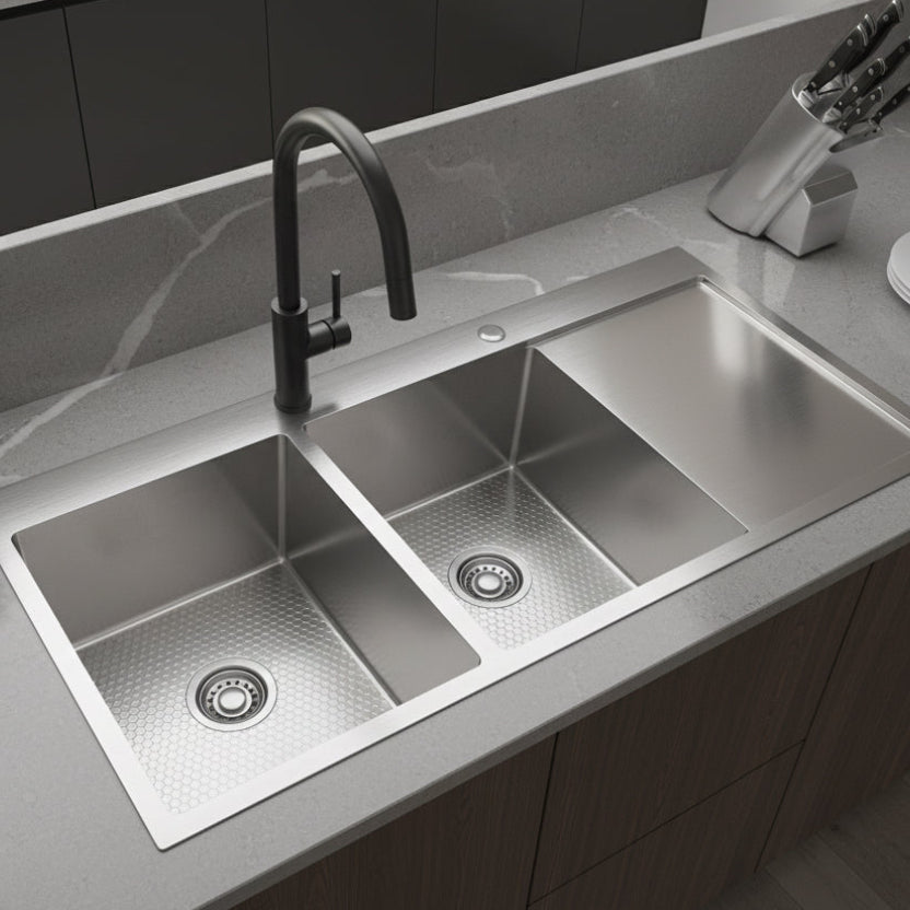 Double Bowl With Drainboard With Tap Hole 45" * 20" * 10"