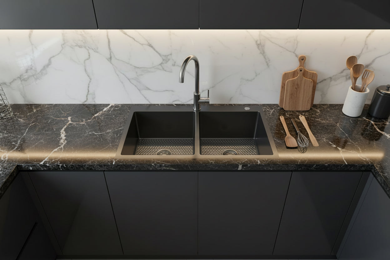 Premium Black Finish Double Bowl With Tap Holes