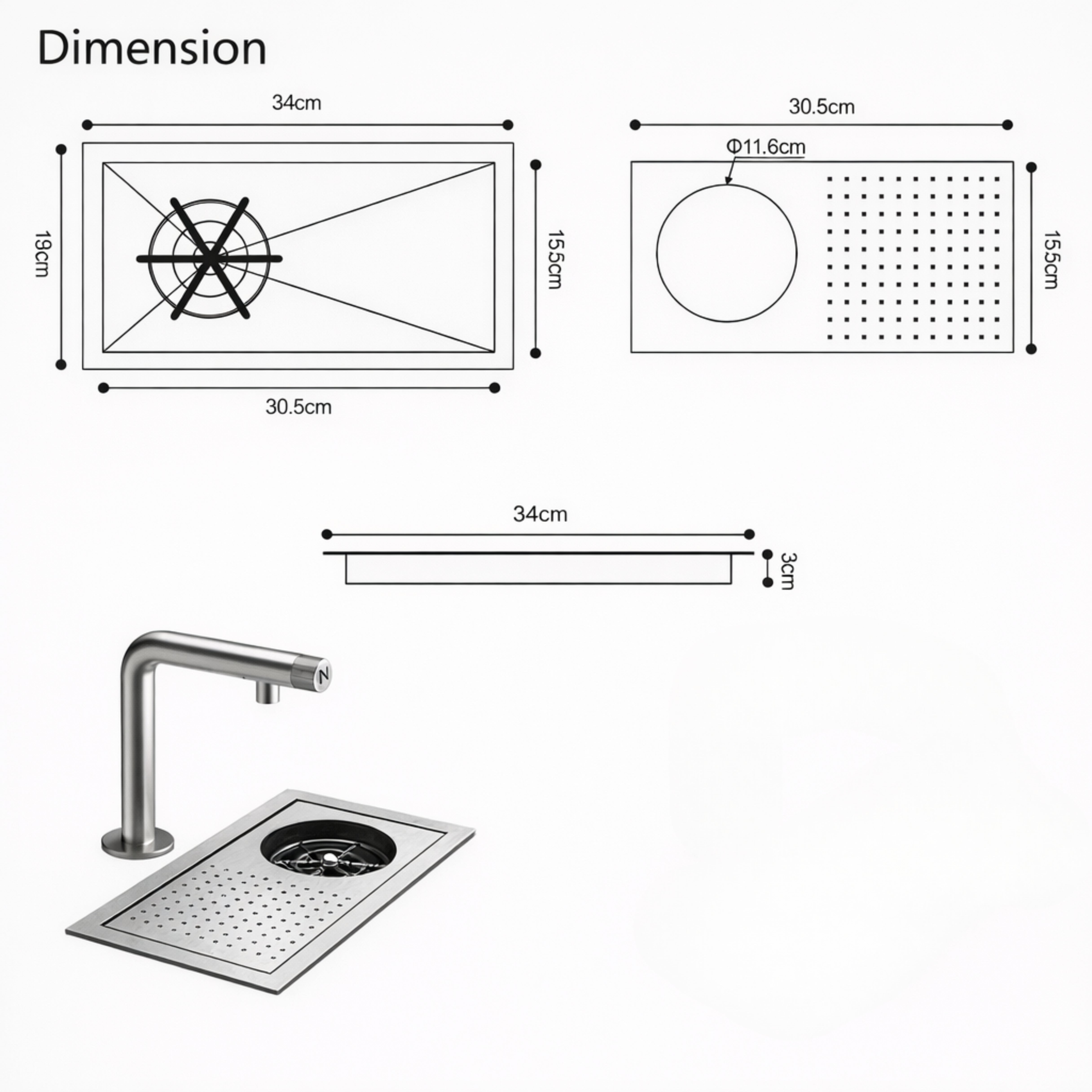 Bar Counter Sink Cup Washer with Flush Down Fresh Water Tap
