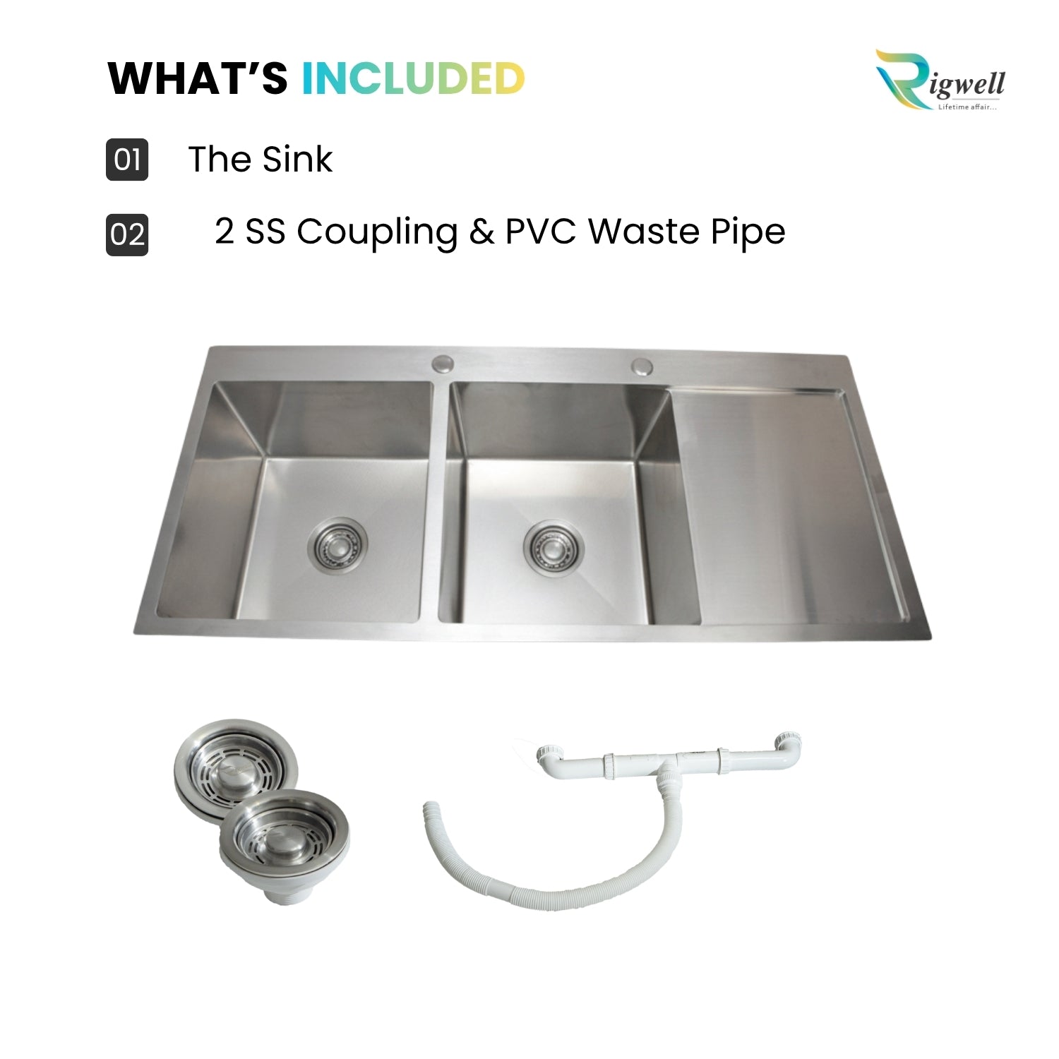Double Bowl With Drainboard With Tap Hole 45" * 20" * 10"